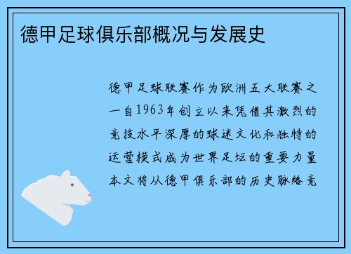 德甲足球俱乐部概况与发展史