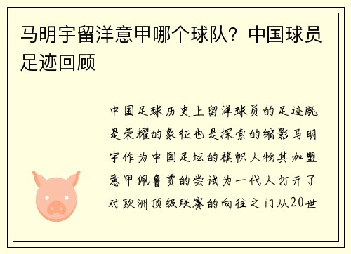 马明宇留洋意甲哪个球队？中国球员足迹回顾
